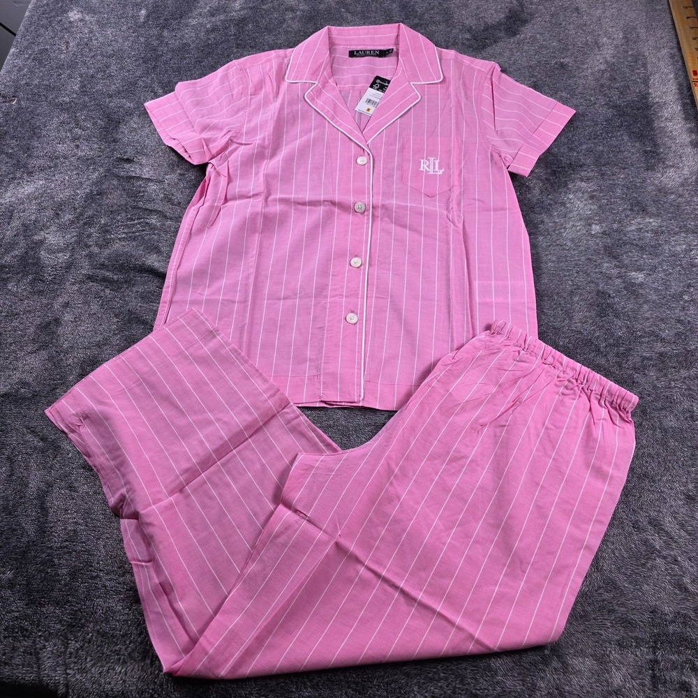 Ralph Lauren Pink Striped Shirt & Pants Sleep Set Womens S Pajama Set